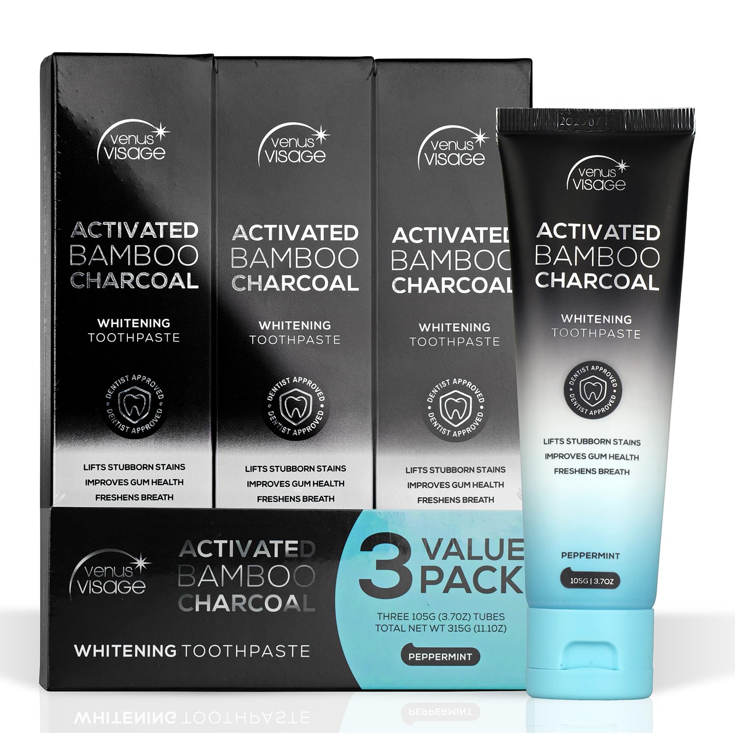 Venus Visage Activated Charcoal Toothpaste for Whitening, 3 Pack - Effective Teeth Whitening Toothpaste for Surface Stains - Peppermint Flavor (3.7 oz/105 g) Venus Visage Activated Charcoal Toothpaste for Whitening, 3 Pack - Effective Teeth Whitening Toothpaste for Surface Stains - Peppermint Flavor (3.7 oz/105 g)