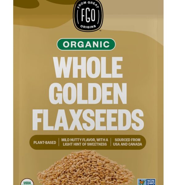 FGO Organic Whole Golden Flax Seeds, 2 Pound / 32oz Bulk Resealable Pouch, For Baking, Cooking & Smoothies, Sproutable, Grown in USA & Canada (Pack of 1)