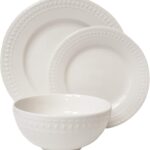 Tabletops Gallery Embossed White Porcelain Round Dinnerware - Bloom 12 Piece Dinnerware Set