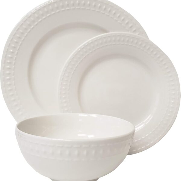 Tabletops Gallery Embossed White Porcelain Round Dinnerware - Bloom 12 Piece Dinnerware Set