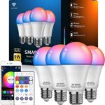 Smart Light Bulbs, WiFi & Bluetooth 5.0, Work with Alexa Google Assistant, App Control, Color Changing LED Bulb,E26 800LM Dimmable RGB Lights, Smart Home Lighting, Dimmable, 4Pack with Remote