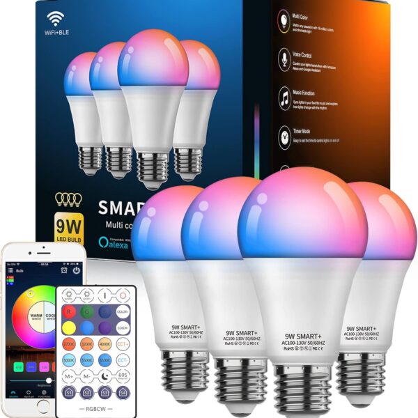 Smart Light Bulbs, WiFi & Bluetooth 5.0, Work with Alexa Google Assistant, App Control, Color Changing LED Bulb,E26 800LM Dimmable RGB Lights, Smart Home Lighting, Dimmable, 4Pack with Remote