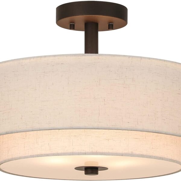 XiNBEi Lighting Drum Semi Flush Light, 3 Light Semi Flush Mount Ceiling Light Fixture with Fabric Shade Modern Close to Ceiling Light for Bedroom & Living Room Dark Bronze Finish XB-SF1289-DB