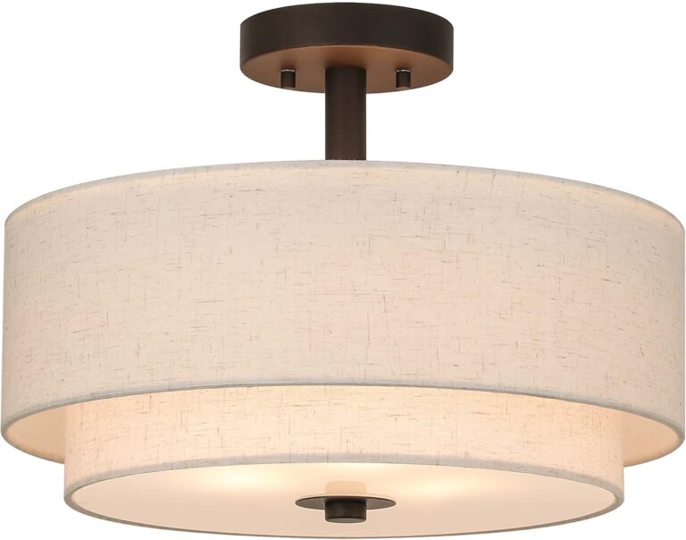 XiNBEi Lighting Drum Semi Flush Light, 3 Light Semi Flush Mount Ceiling Light Fixture with Fabric Shade Modern Close to Ceiling Light for Bedroom & Living Room Dark Bronze Finish XB-SF1289-DB