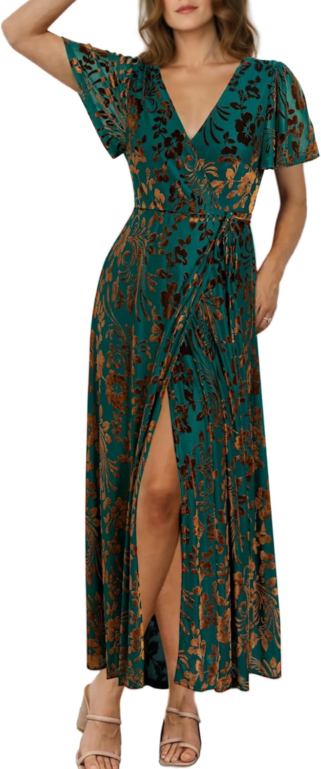 BerryGo Women's Velvet V Neck Wrap Fall Maxi Dress Formal Bell Sleeve Bridesmaid Cocktail Party Long Dresses BerryGo Women's Velvet V Neck Wrap Fall Maxi Dress Formal Bell Sleeve Bridesmaid Cocktail Party Long Dresses