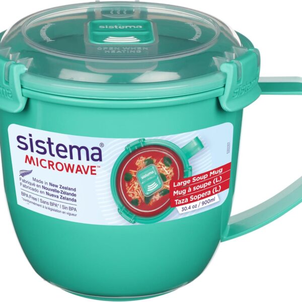 Sistema Microwaveable 900mL Soup Mug, Large Microwave Food Container with Steam-Release Vent, Dishwasher & Freezer-Safe, BPA-Free, Color May Vary