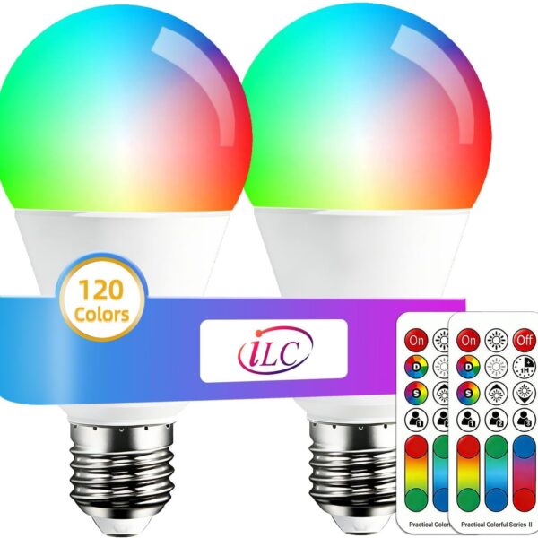 ILC Color Changing LED Light Bulb, 120 Colors, 2700K Warm White, 70 Watt Equivalent, DIY Strobe, RGB with Remote Control, LED 10W A19 E26 Screw (Pack of 2)
