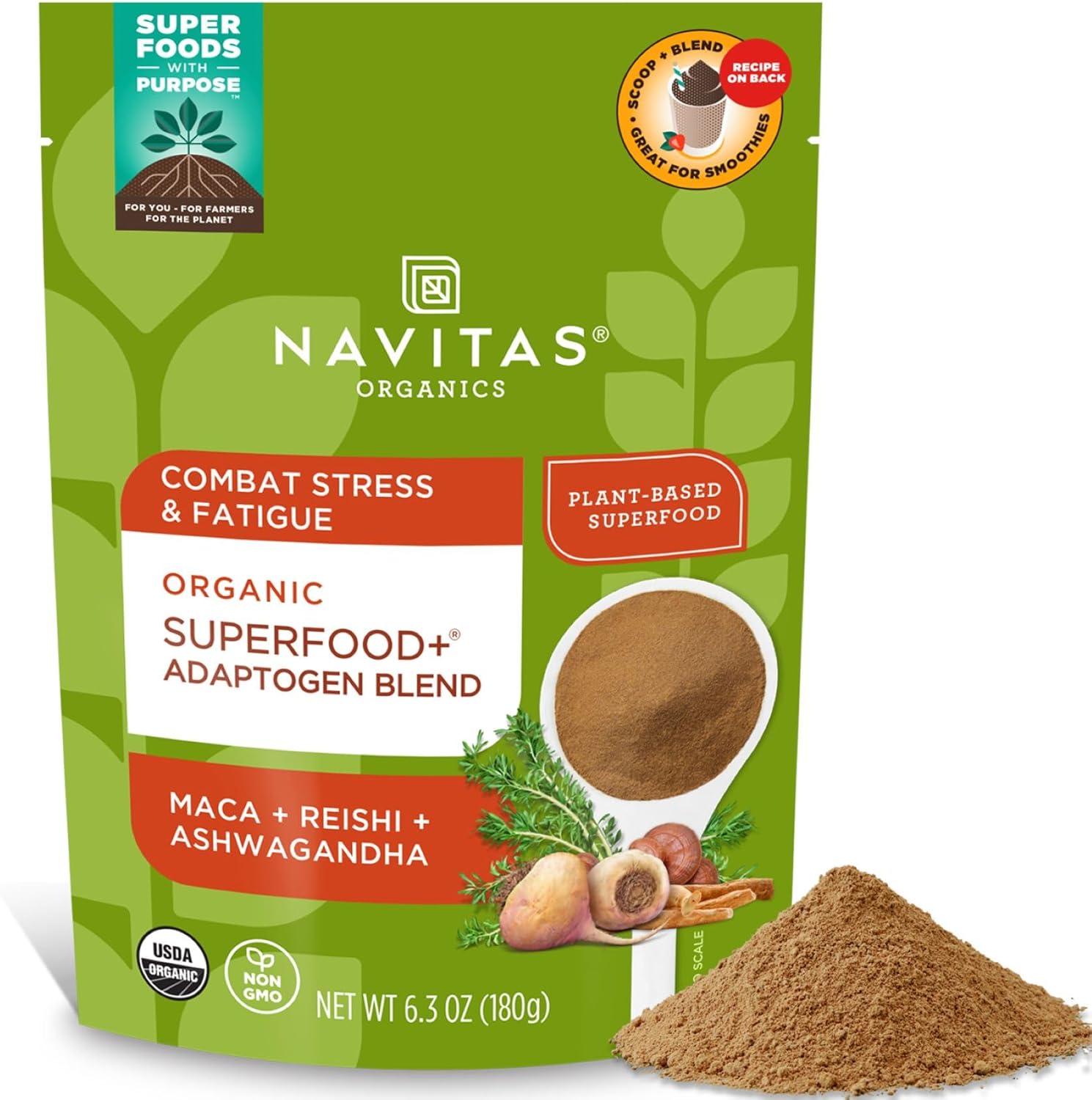 Navitas Organics Superfood+ Adaptogen Blend for Stress Support (Maca + Reishi + Ashwagandha), 6.3oz Bag, 30 Servings Organic, Non-GMO, Vegan, Gluten-Free, Keto & Paleo. Navitas Organics Superfood+ Adaptogen Blend for Stress Support (Maca + Reishi + Ashwagandha), 6.3oz Bag, 30 Servings Organic, Non-GMO, Vegan, Gluten-Free, Keto & Paleo.