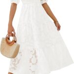 ZESICA Women's 2026 Summer Short Puff Sleeve Crewneck Smocked Floral Lace Flowy A Line Tiered Maxi Dresses