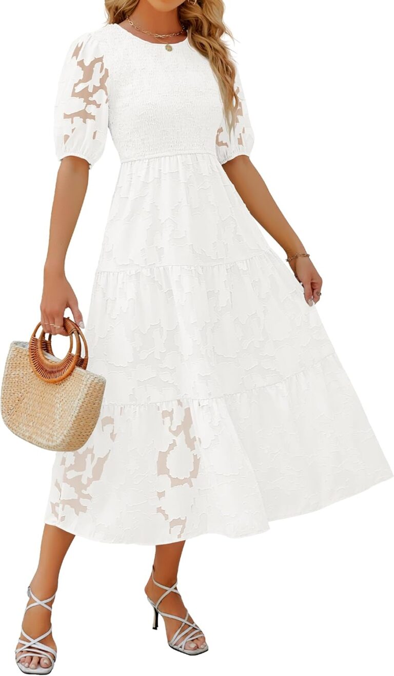 ZESICA Women's 2026 Summer Short Puff Sleeve Crewneck Smocked Floral Lace Flowy A Line Tiered Maxi Dresses