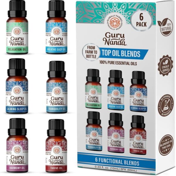 GuruNanda Essential Oil Blends  6 Pack (10mL Each), Breathe Easy, Tranquility, Relaxation, Harmony, Calming Sleep & Thrive, Natural Aromatherapy Oils for Diffuser, Wellness & DIY