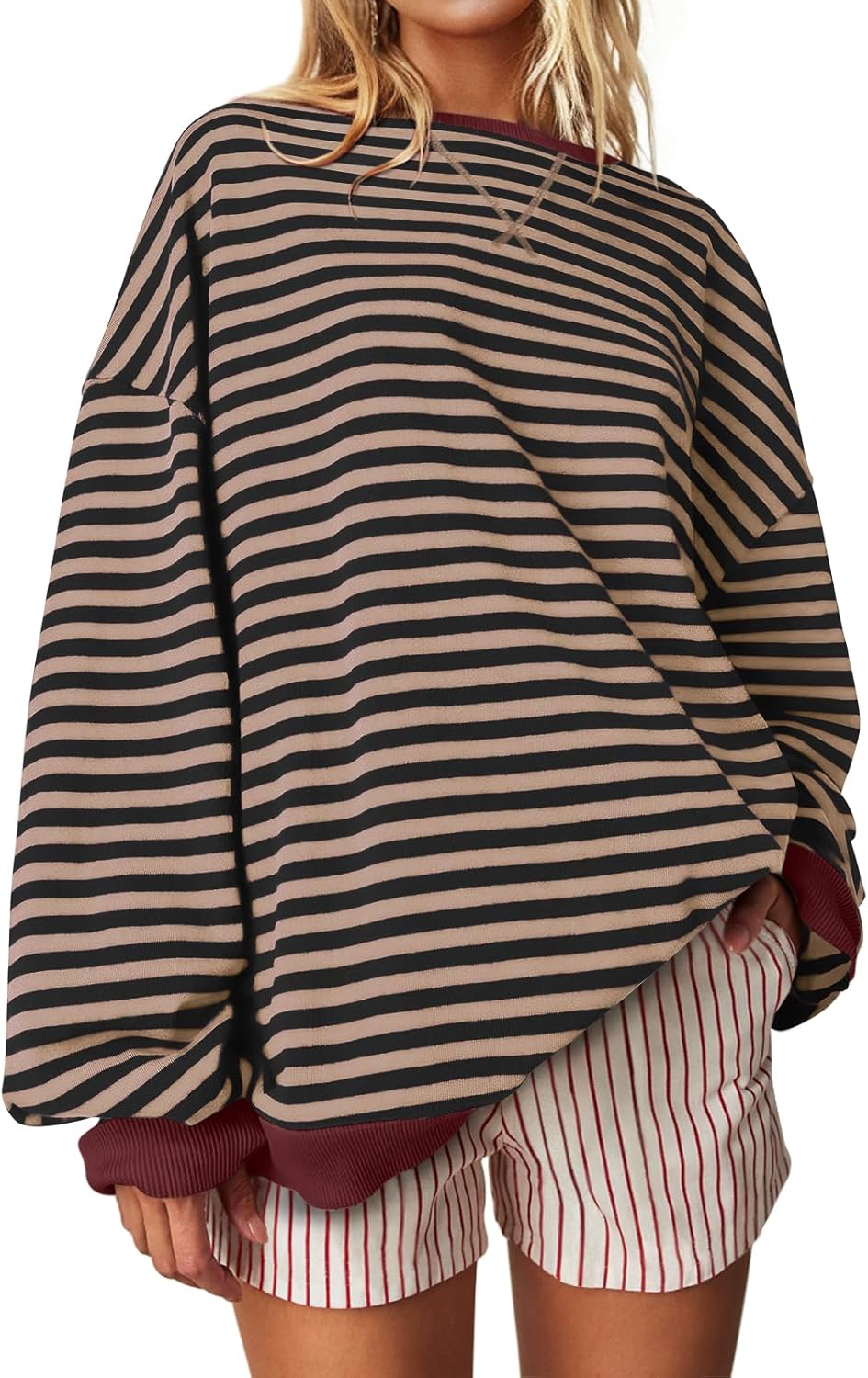 UEU Women Oversized Striped Crewneck Sweatshirt Long Sleeve Color Block Pullover Tops Casual Loose Workout Shirt UEU Women Oversized Striped Crewneck Sweatshirt Long Sleeve Color Block Pullover Tops Casual Loose Workout Shirt