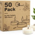 Unscented Soy Tea Lights Candles 50 Pack Bulk, 4 Hours Long Burning White Tea Lights,Non-Paraffin, Smokeless, Mini Tealight Votive Candles for Wedding, Table Centerpiece, Christmas Lights