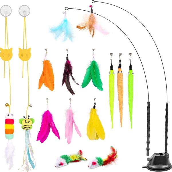 Depets Cat Wand Toy, 15 Pcs Interactive Cat Feather Toys for Indoor Self Play & Exercise, 2 Play Modes Kitten Teaser Wand, Reusable Suction Cup Kitten Toys