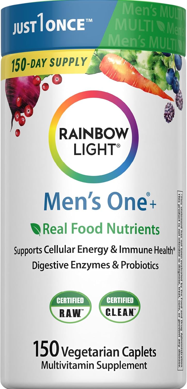 Rainbow Light Mens Multivitamin One + | 150 Caplets | Supports Cellular Energy & Immune Health | with Vitamins C, D, and Zinc | Real Food Nutrients, Digestive Enzymes & Probiotics Rainbow Light Mens Multivitamin One + | 150 Caplets | Supports Cellular Energy & Immune Health | with Vitamins C, D, and Zinc | Real Food Nutrients, Digestive Enzymes & Probiotics