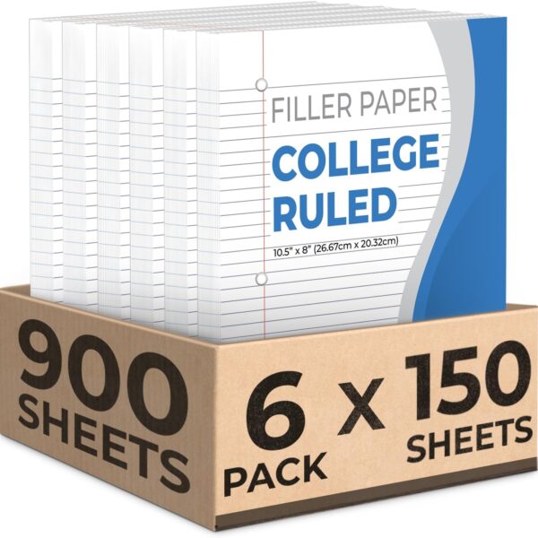 Rosmonde Loose Leaf Paper, 900 Sheets, 6 Pack, College Ruled, 8" x 10.5", Bulk Office Filler Paper, 3 Hole Punched, 150 Sheets/Pack, College Ruled Paper for 3 Ring Binder, Notebook Paper, White