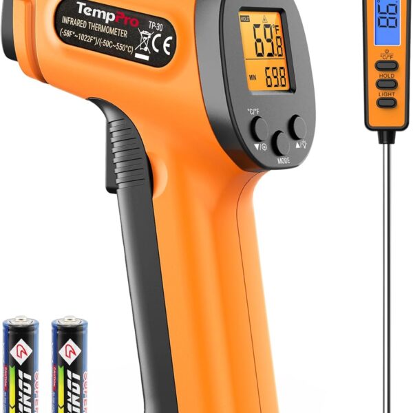 TempPro Temperature Gun, Infrared Thermometer Gun with Laser, Laser Thermometer Gun -58-1022 , Meat Thermometer Digital with Super Long Probe, Food Thermometer for Cooking(Previously ThermoPro)
