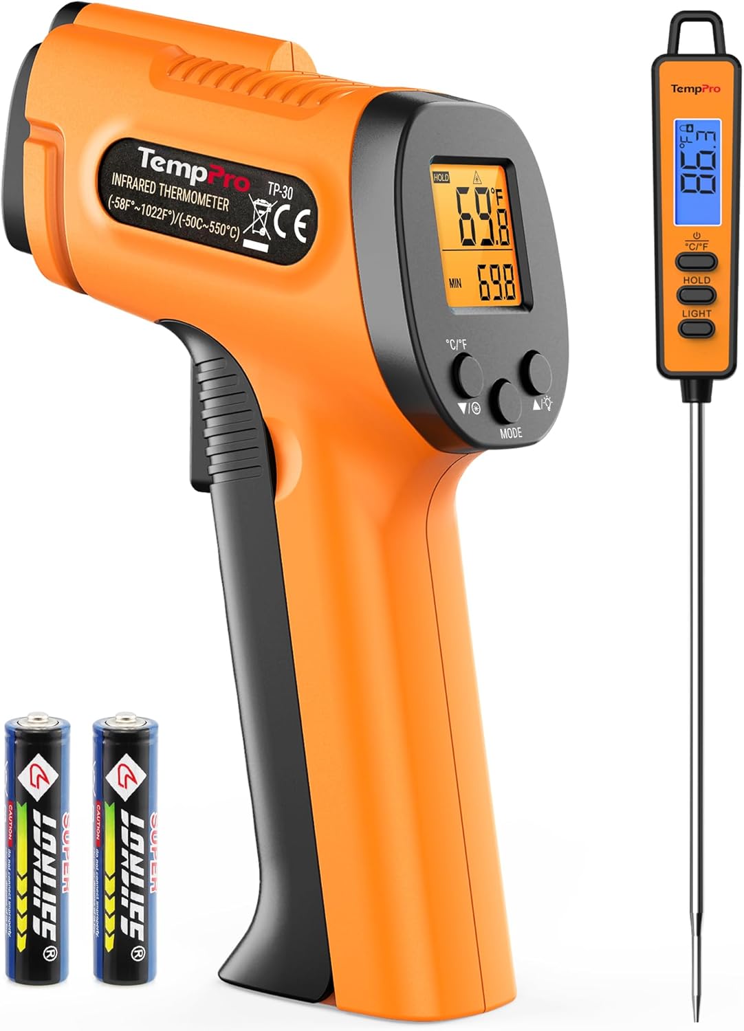 TempPro Temperature Gun, Infrared Thermometer Gun with Laser, Laser Thermometer Gun -58-1022 , Meat Thermometer Digital with Super Long Probe, Food Thermometer for Cooking(Previously ThermoPro) TempPro Temperature Gun, Infrared Thermometer Gun with Laser, Laser Thermometer Gun -58-1022 , Meat Thermometer Digital with Super Long Probe, Food Thermometer for Cooking(Previously ThermoPro)