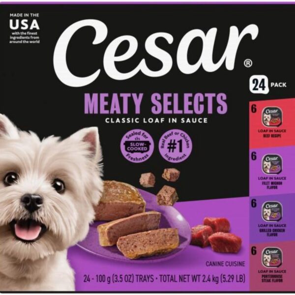 Cesar Classic Loaf in Sauce Wet Dog Food, Beef Recipe, Filet Mignon Flavor, Grilled Chicken Flavor, and Porterhouse Steak Flavor, 3.5 oz. Easy Peel Trays, Variety Pack (24 Count, Pack of 1)