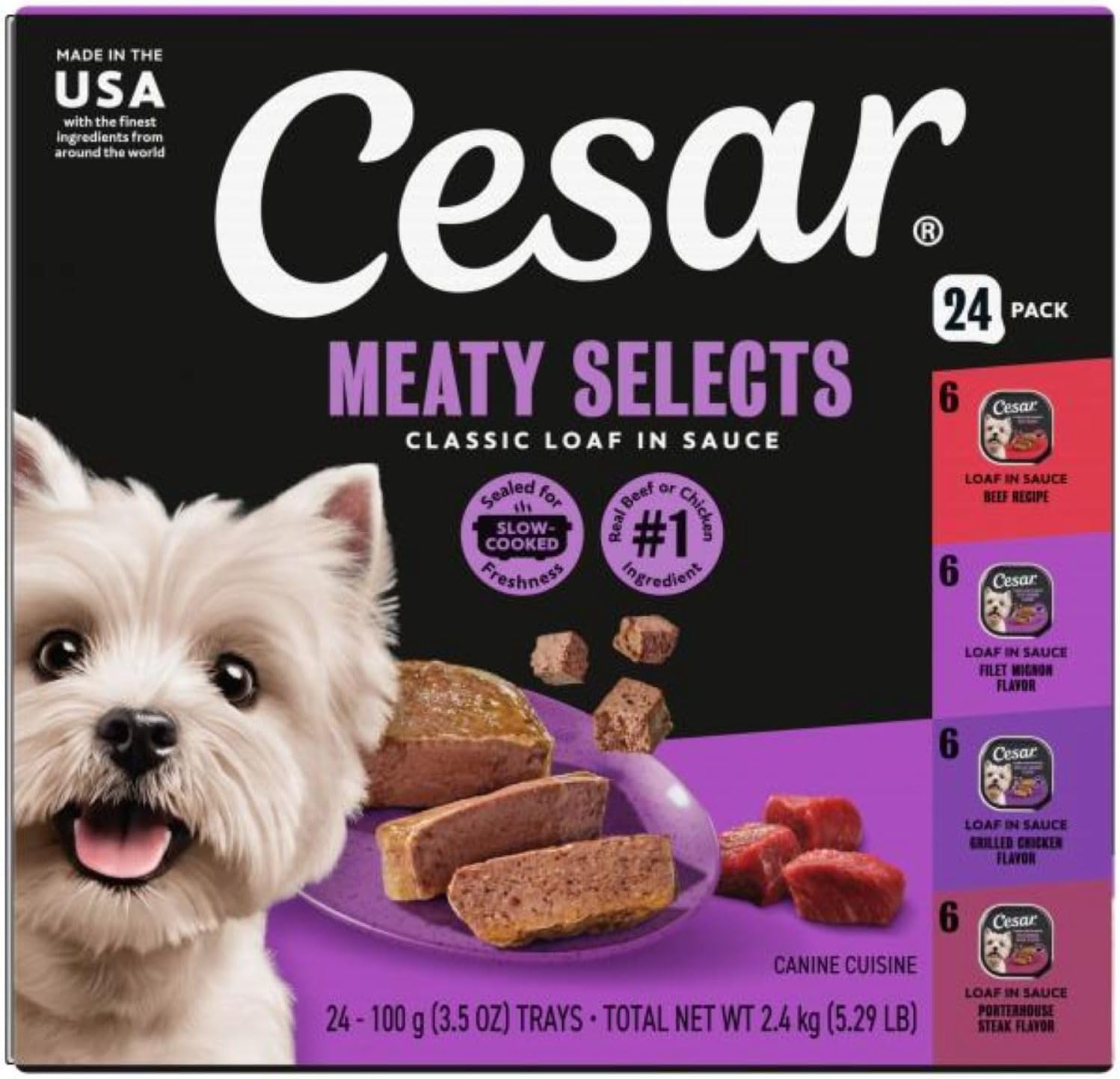 Cesar Classic Loaf in Sauce Wet Dog Food, Beef Recipe, Filet Mignon Flavor, Grilled Chicken Flavor, and Porterhouse Steak Flavor, 3.5 oz. Easy Peel Trays, Variety Pack (24 Count, Pack of 1) Cesar Classic Loaf in Sauce Wet Dog Food, Beef Recipe, Filet Mignon Flavor, Grilled Chicken Flavor, and Porterhouse Steak Flavor, 3.5 oz. Easy Peel Trays, Variety Pack (24 Count, Pack of 1)