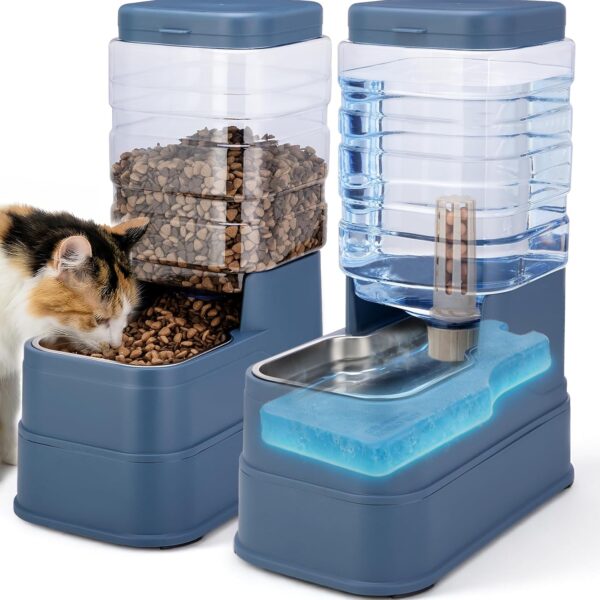 2 Pack Automatic Cat Feeder and Water Dispenser 1.3Gallon Dog Gravity Food Feeder and Water with Ice Pack Stainless Steel Dry Food and Waterer Bowl for Small Medium Large Pets (Blue)