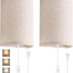 AVV Wall Sconces Set of Two, Wall Lamp Plug in with On/Off Switch, 2700K 4000K 5000K Selectable, Wall Lights for Bedroom, Living Room, Wall Decor for Bedroom, Fabric Linen Lamp Shades