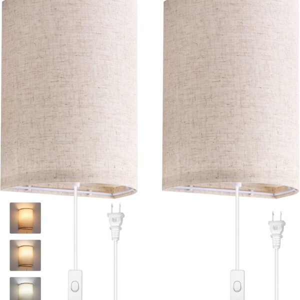 AVV Wall Sconces Set of Two, Wall Lamp Plug in with On/Off Switch, 2700K 4000K 5000K Selectable, Wall Lights for Bedroom, Living Room, Wall Decor for Bedroom, Fabric Linen Lamp Shades