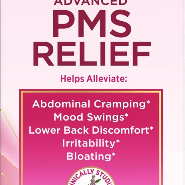 Natures Bounty Optimal Solutions Advanced PMS Relief for Menstrual Cycle Support, PMS Support Supplement for Women, Bloating Relief Chasteberry, Hormone-Free, 60 Vegetarian Capsules
