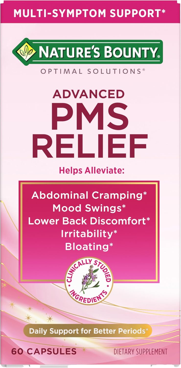 Natures Bounty Optimal Solutions Advanced PMS Relief for Menstrual Cycle Support, PMS Support Supplement for Women, Bloating Relief  Chasteberry, Hormone-Free, 60 Vegetarian Capsules