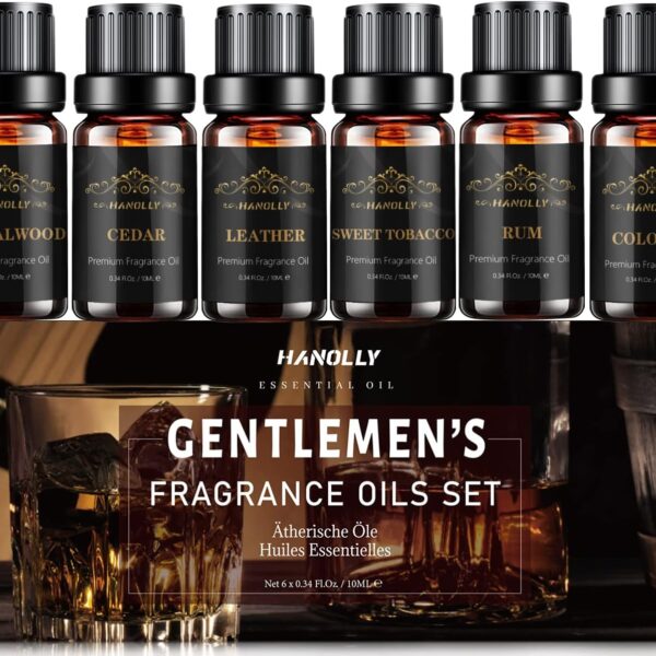 Essential Oils Set, Men Scents Fragrance Oil Aromatherapy Essential Oils Kit for Diffuser (6x10ML) - Sandalwood, Cedar, Leather, Sweet Tobacco, Rum, Cologne Aromatherapy Oils Gift for Men