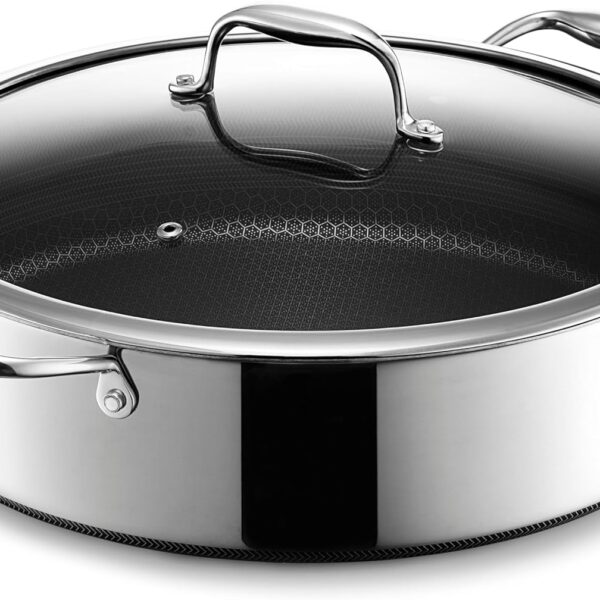 HexClad Hybrid Nonstick 7-Quart Saut Pan with Tempered Glass Lid, Chicken Fryer, Stay-Cool Handles, Dishwasher-Friendly, Oven-Safe Up to 900F, Induction Ready, Compatible with All Cooktops