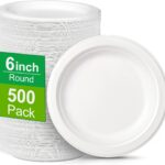 Small Paper Plates 6 inch, 500 Pack Plates Bulk, 100% Compostable Disposable Dessert Plates Made from Sugarcane Fibers, White Paper Plates