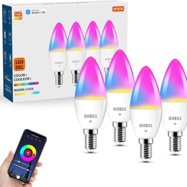 OHLUX Smart Candelabra LED Light Bulbs, 3.5W E12 Base, Compatible with Alexa Google Assistant, Color Changing Bulbs with 16 Million Colors, 2.4GHz WiFi, 4 Pack