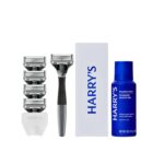 Harry's Original Shaving Kit for Men - Razor Handle, 5 Razor Blade Refills, Foaming Shave Gel, and Travel Blade Cover - TSA Approved Travel Essentials - German Engineered - Charcoal