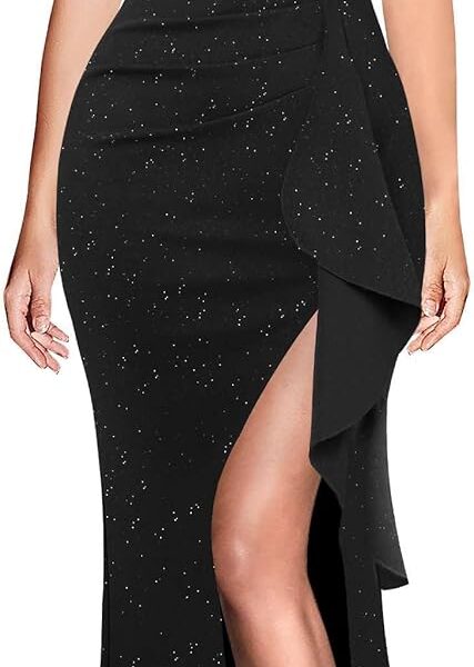 VFSHOW Womens Formal Prom Elegant Ruffle One Shoulder Beaded Strap Ruched Slit Maxi Dress Wedding Evening Long Gown