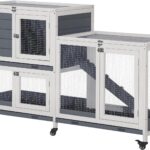 PawHut Wooden Rabbit Hutch Bunny Hutch Elevated Pet House Cage Small Animal Habitat with No Leak Tray Lockable Door Openable Top for Indoor 57.75" x 18" x 32.5" Grey