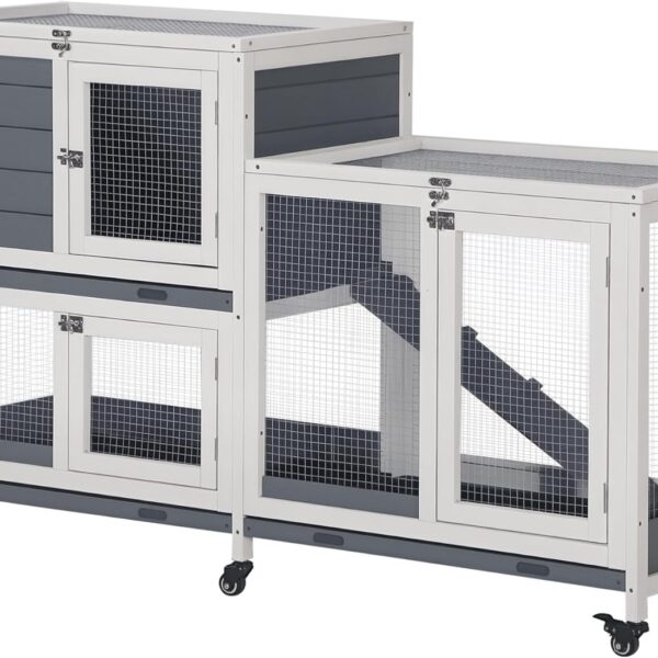 PawHut Wooden Rabbit Hutch Bunny Hutch Elevated Pet House Cage Small Animal Habitat with No Leak Tray Lockable Door Openable Top for Indoor 57.75" x 18" x 32.5" Grey