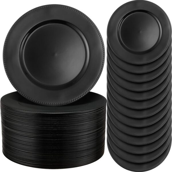 Jinei 100pcs Plastic Charger Plates, 13'' Reusable Dinner Plates with Beaded Edges, Elegant Vintage Style for Weddings, Parties, and Festivals(Black)
