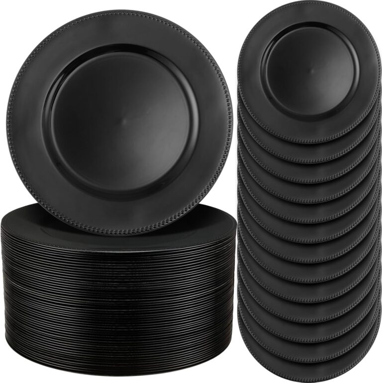 Jinei 100pcs Plastic Charger Plates, 13'' Reusable Dinner Plates with Beaded Edges, Elegant Vintage Style for Weddings, Parties, and Festivals(Black)