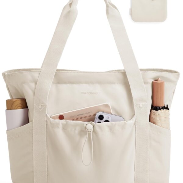 BAGSMART Foldable Tote Bag with Drawstring Bag, Tote Bag Shoulder Bag Top Handle Handbag for Travel, Work, Beach, Gym