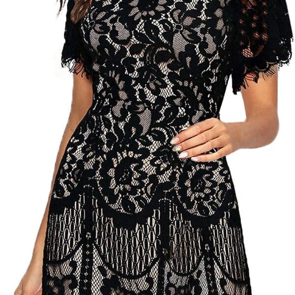MSLG Women's Elegant Round Neck V-Back Wedding Guest Floral Lace Cocktail Party A Line Dress 910