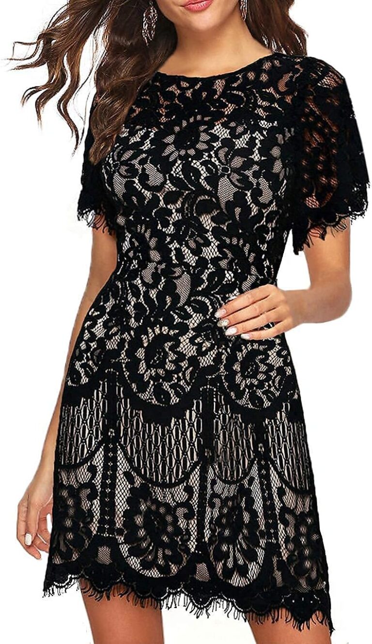 MSLG Women's Elegant Round Neck V-Back Wedding Guest Floral Lace Cocktail Party A Line Dress 910