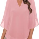 Bebonnie Womens Tops Dressy Casual Ruffle 3/4 Sleeve V Neck Double Layers Chiffon Blouses Tops