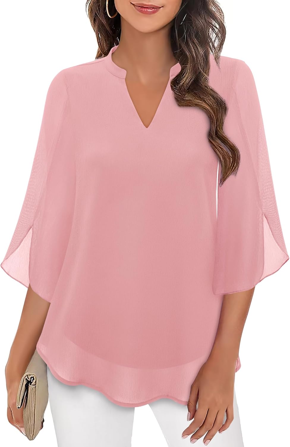 Bebonnie Womens Tops Dressy Casual Ruffle 3/4 Sleeve V Neck Double Layers Chiffon Blouses Tops Bebonnie Womens Tops Dressy Casual Ruffle 3/4 Sleeve V Neck Double Layers Chiffon Blouses Tops