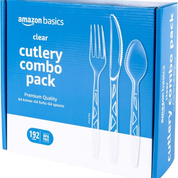 Amazon Basics Disposable Clear Plastic Cutlery Set, Premium Quality, Strong, 192 Count, Large Combo Pack Forks, Spoons and Knives