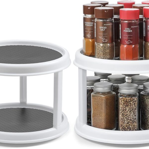 2 Pack, 2 Tier 10" Turntable Lazy Susan Spice Organizer - Rotating Seasoning Rack Spinner for Pantry Cabinet Kitchen Countertop, Table Top Organizing - Multiuse Two Tier Rotating Organization Rack