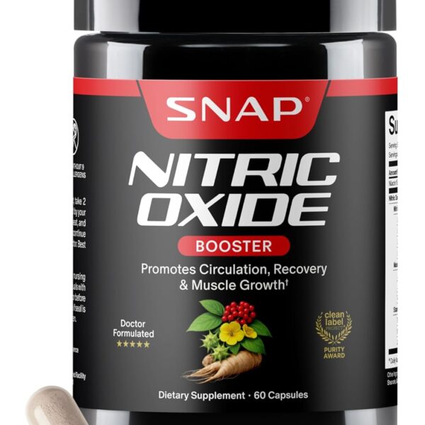 Snap Supplements Nitric Oxide Booster for Men & Women, L-Citrulline + 3 Forms of L-Arginine for Stamina, Endurance, Circulation, & Energy Support,* Caffeine-Free Pre-Workout Alternative, 60 Capsules