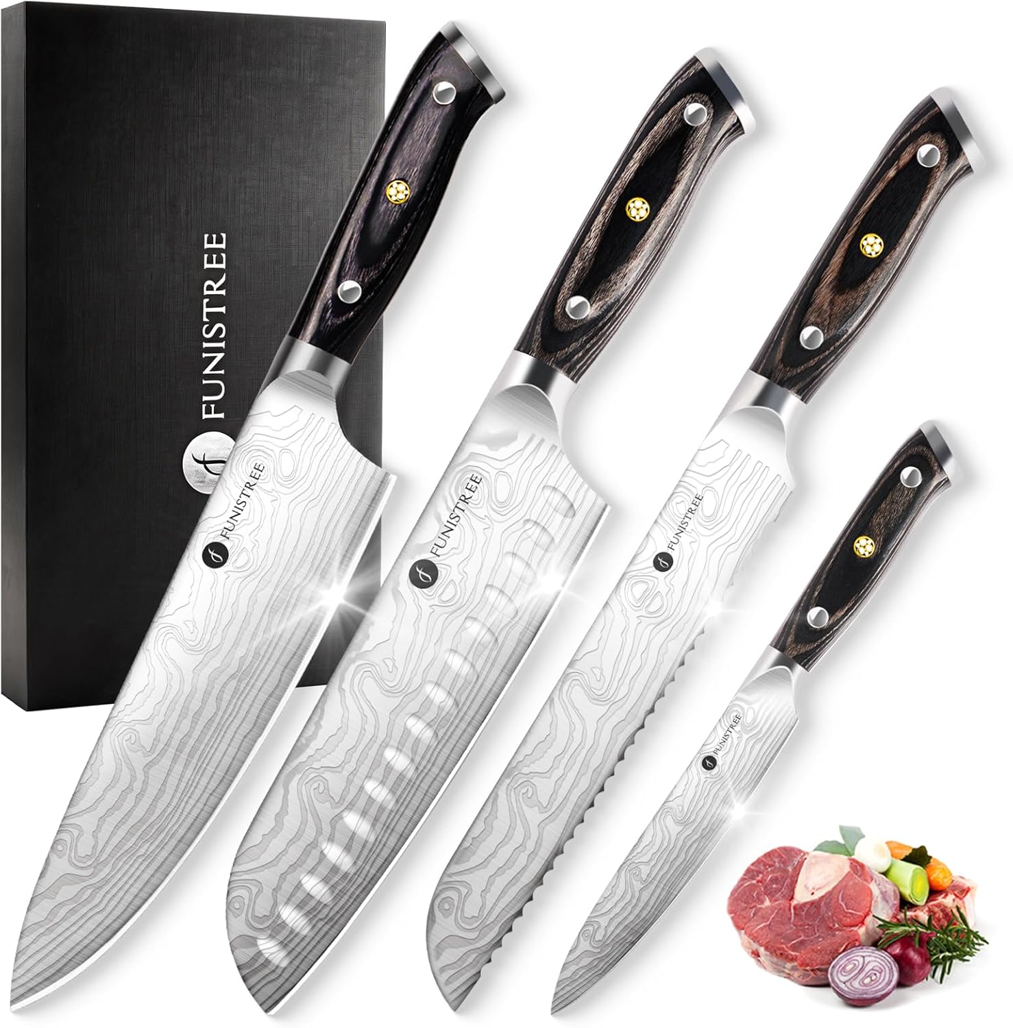 4 Pieces Professional Kitchen Knife Set, Damascus German Stainless Steel Chef Knife Set With Wooden Box, 8" Chef Knife, 5" Utility Knife, 8" Bread Knife, 7" Santoku Knife, Gift for Men Women 4 Pieces Professional Kitchen Knife Set, Damascus German Stainless Steel Chef Knife Set With Wooden Box, 8" Chef Knife, 5" Utility Knife, 8" Bread Knife, 7" Santoku Knife, Gift for Men Women