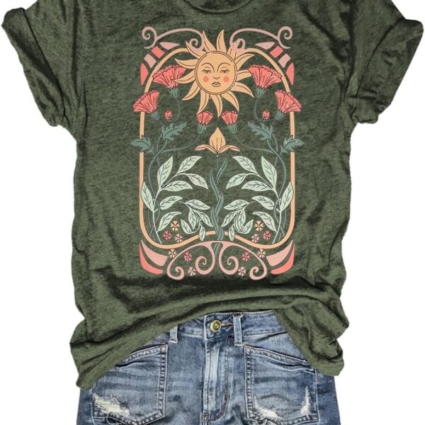 Women's Boho Floral T Shirt Summer Casual Art Nouveau Wildflowers Vintage Flowers Nature Graphic Tees Tops