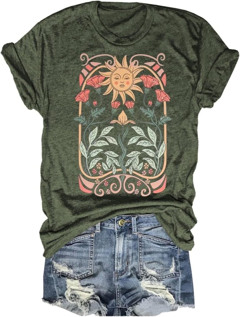 Women's Boho Floral T Shirt Summer Casual Art Nouveau Wildflowers Vintage Flowers Nature Graphic Tees Tops